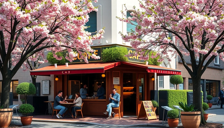 Charming Canadian corner cafe with cherry trees and people.