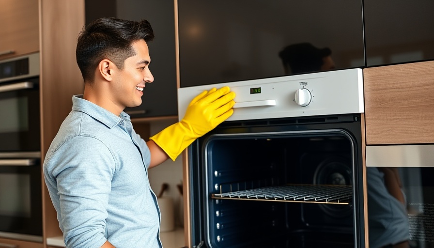 Young man steam cleaning his oven in a modern kitchen.