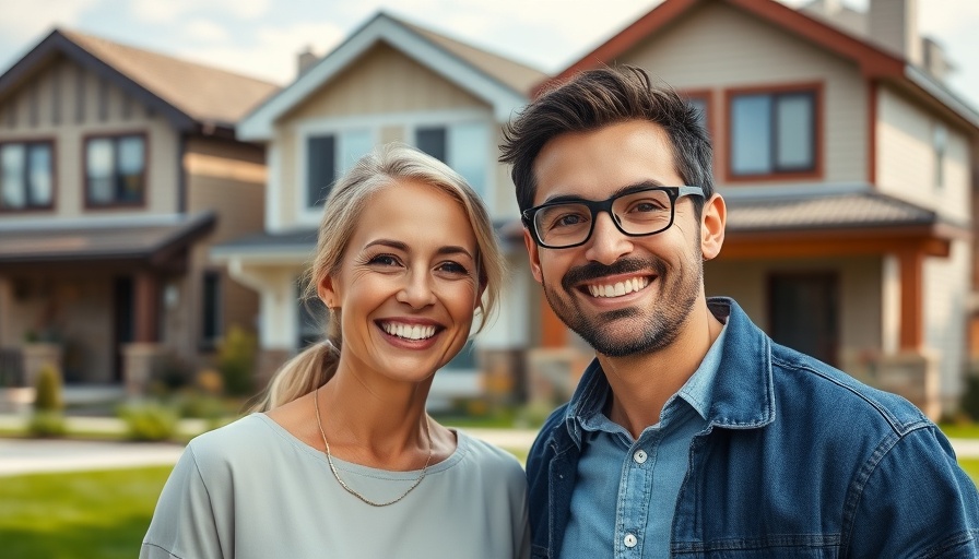 Portrait of two smiling people in front of suburban homes.