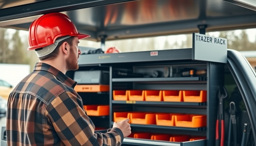Worker accessing Trazer Rack Utility System for Pickups with tools
