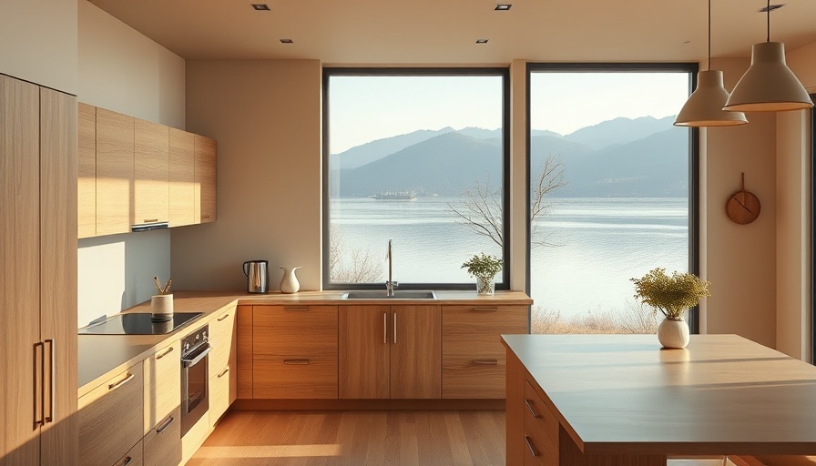 Modern kitchen with fieldstone and oak design, featuring a large window with a lake view.