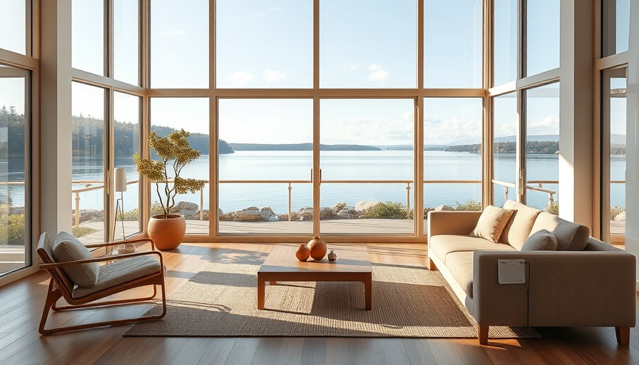 Design Cleanse minimalist living room with lake view.