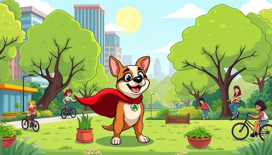 Illustration of urban green space benefits with superhero dog.