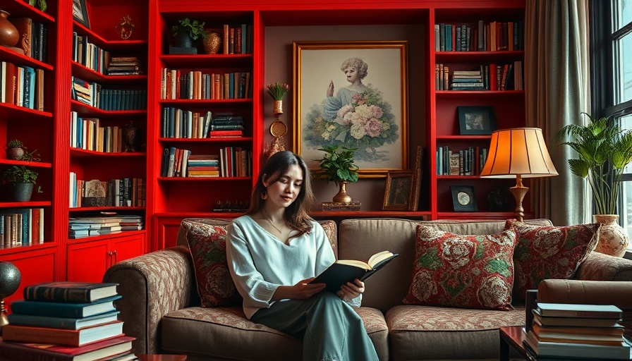 Matilda Goad home design cozy living room with colorful bookshelves.
