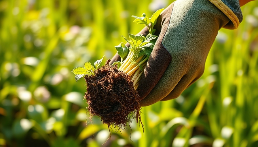 Gardener pulling weeds in a sunny garden.