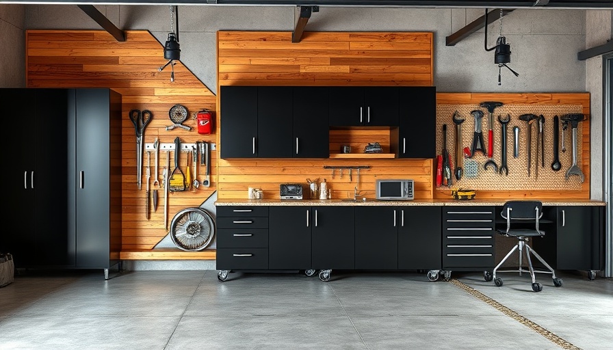 Efficient garage storage systems with black cabinets and tool organization.