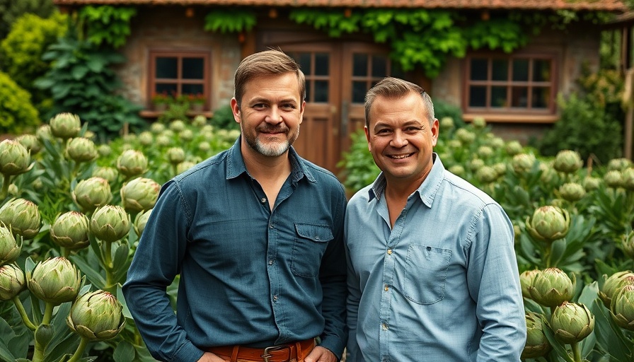 Gardens at Potager-to-Table Restaurant near Paris with two men