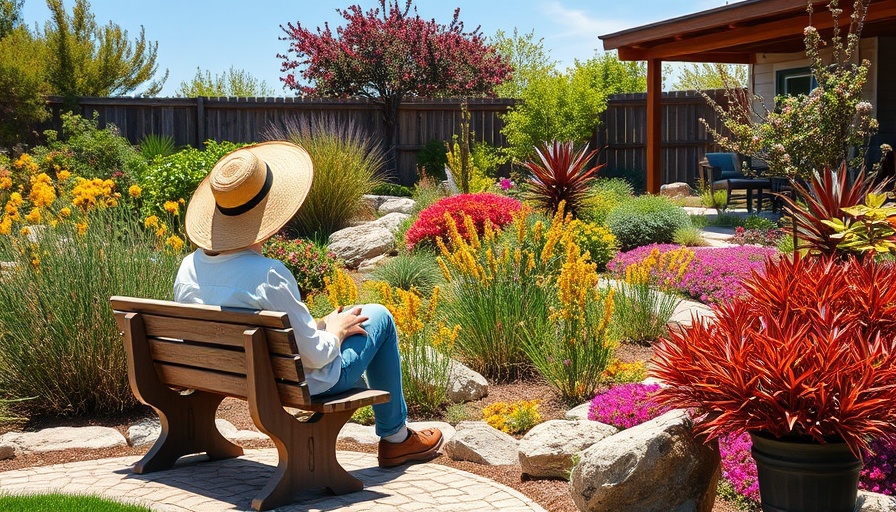 Low-maintenance landscaping with a person relaxing on a bench.
