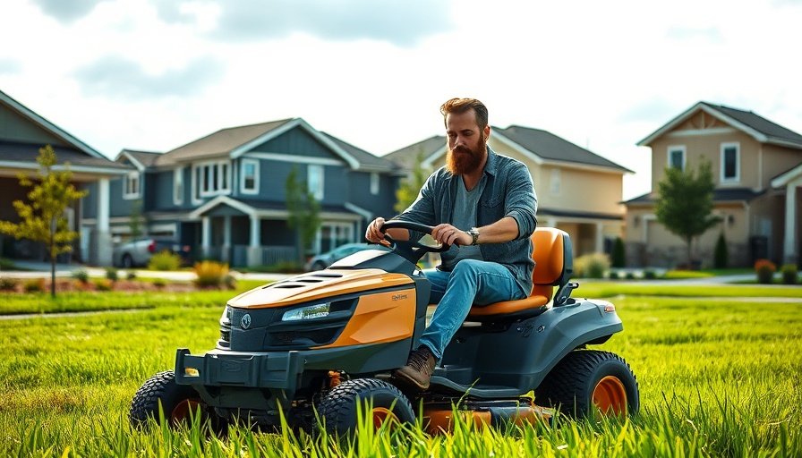Professional mowing grass on a riding mower in a suburban neighborhood.