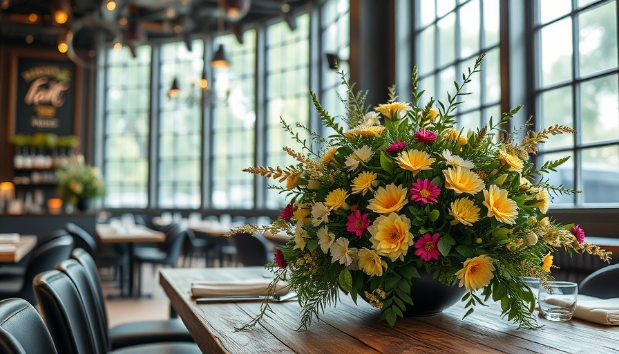Elegant floral arrangement in restaurant setting, showcasing natural light.