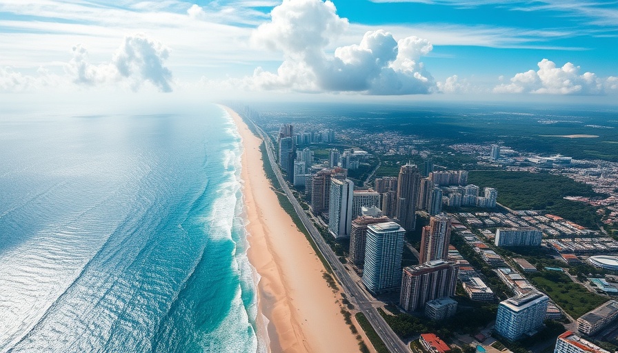 Aerial view of a coastal city depicting vibrant urban development.