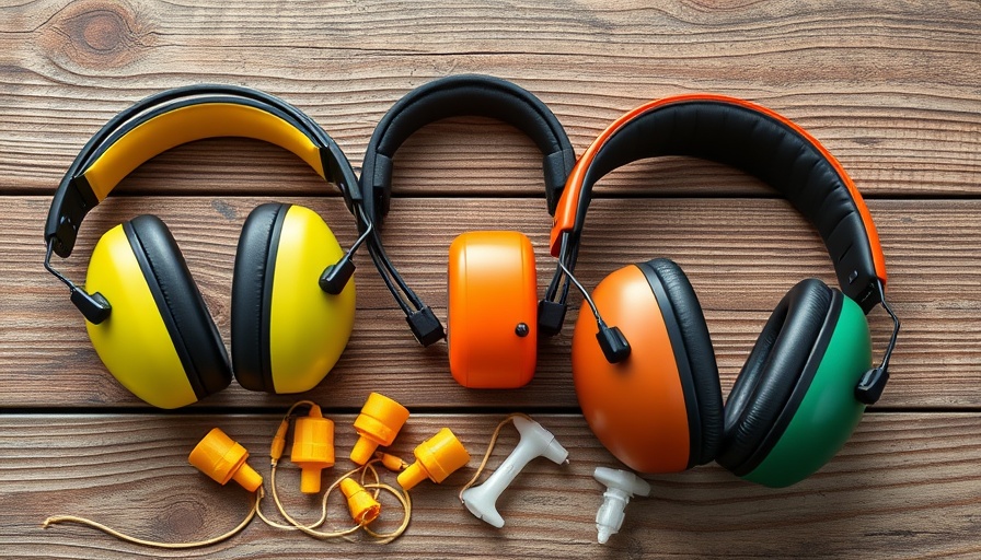 Assorted ear protection devices for mowing on wooden surface.