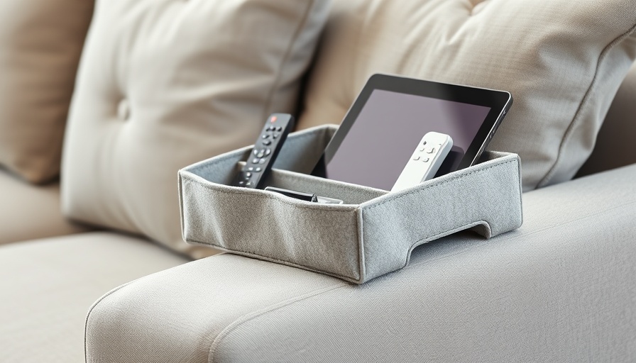 Budget-friendly home organizers: felt couch pouch on sofa arm.