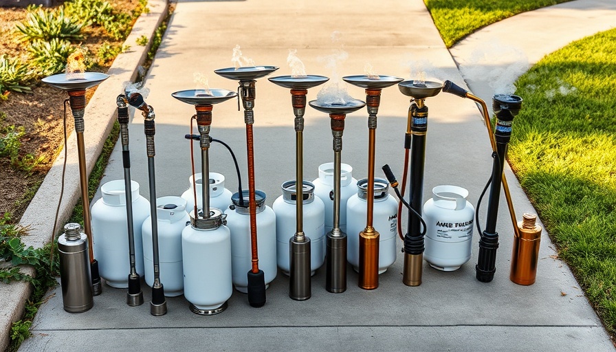 Various weed torches with propane tanks on concrete
