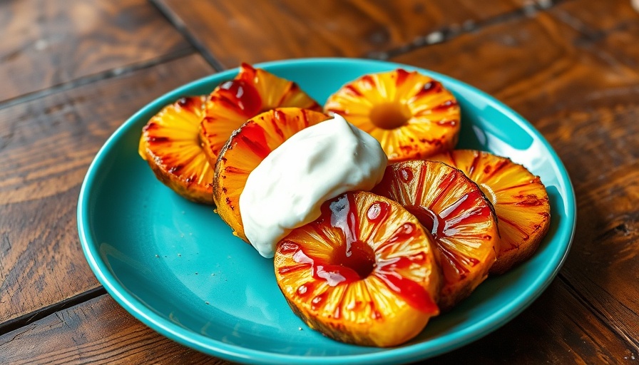 Peppered pineapple dessert recipe with glazed slices and yogurt.