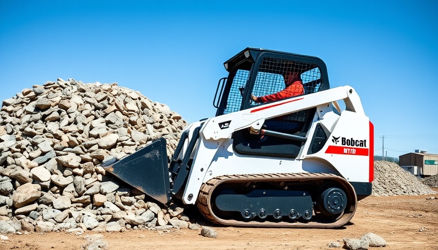 Bobcat MT120 Mini Track Loader moving rocks on a construction site.