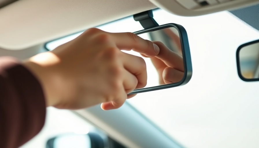 Hand adjusting rearview mirror tab in a car interior.