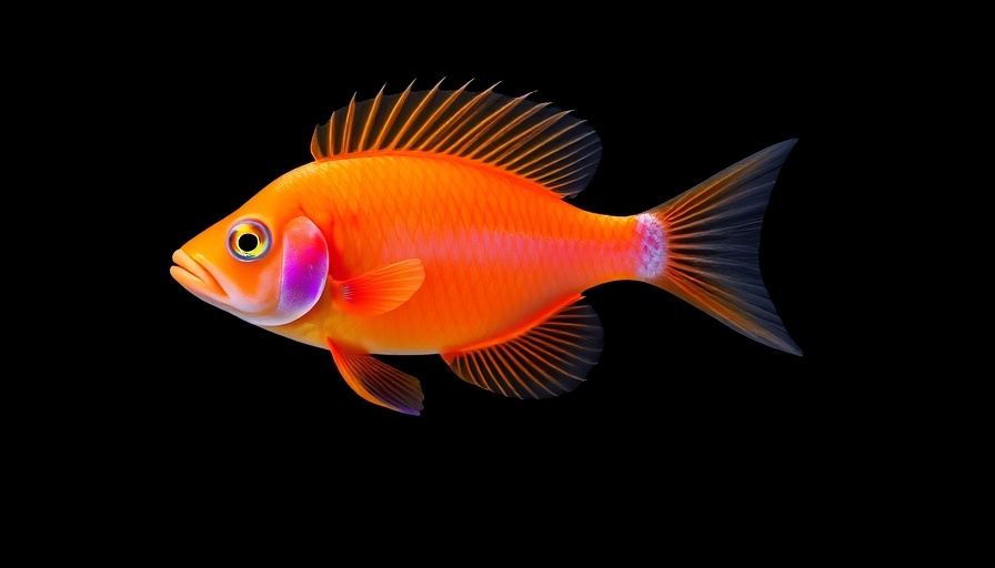 A vibrant orange and purple aquarium fish swimming gracefully against a black background.