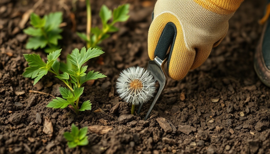 Gardening weeding close-up: Removing dandelion weed with fork.