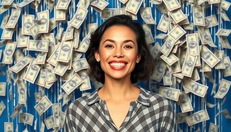 Cheerful woman with dollars cascading, concept of financial independence in 40s on a teacher's salary.
