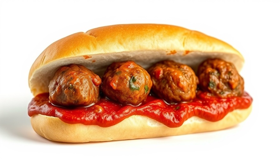 Meathead's Meatballs Recipe: meatball sandwich with tomato sauce.