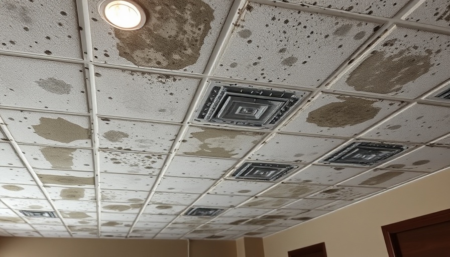 Mold-infested ceiling tiles needing removal in a dimly lit room.