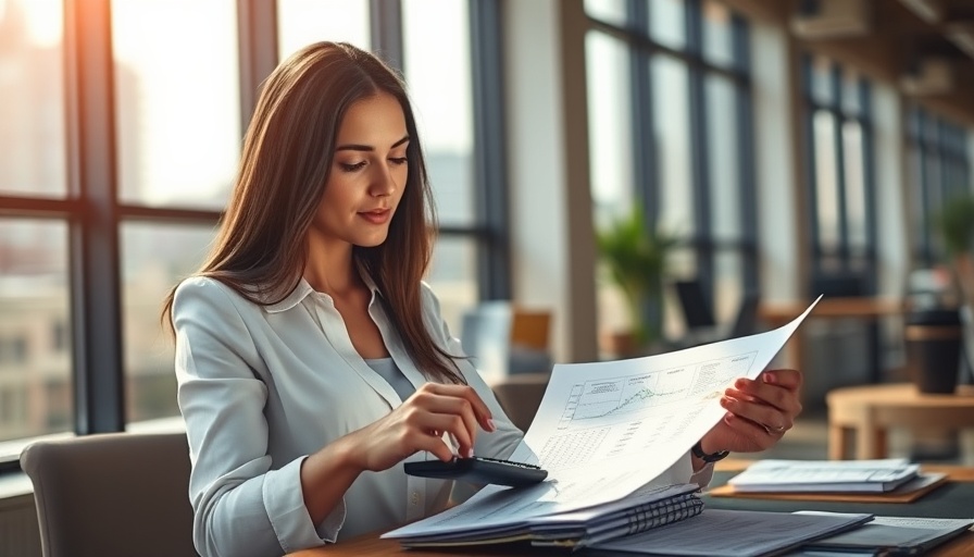 Professional analyzing documents to analyze property values, natural light.
