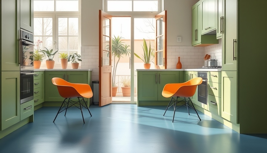 Minimal spring kitchen design with green cabinets and orange chairs.