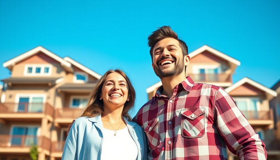 Smiling couple in front of multifamily homes, monthly cash flow from multifamily properties.