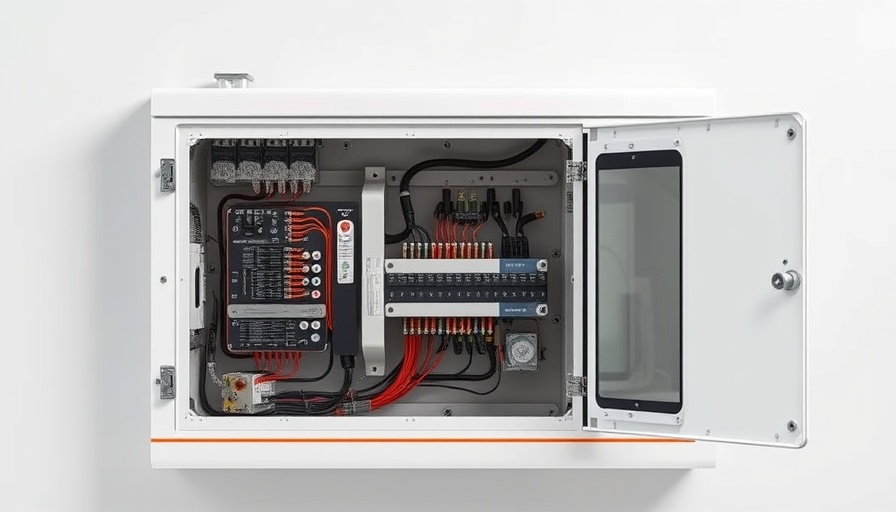 Industrial control panel with open door showing internal components of Mastertronic Essential Shipping.