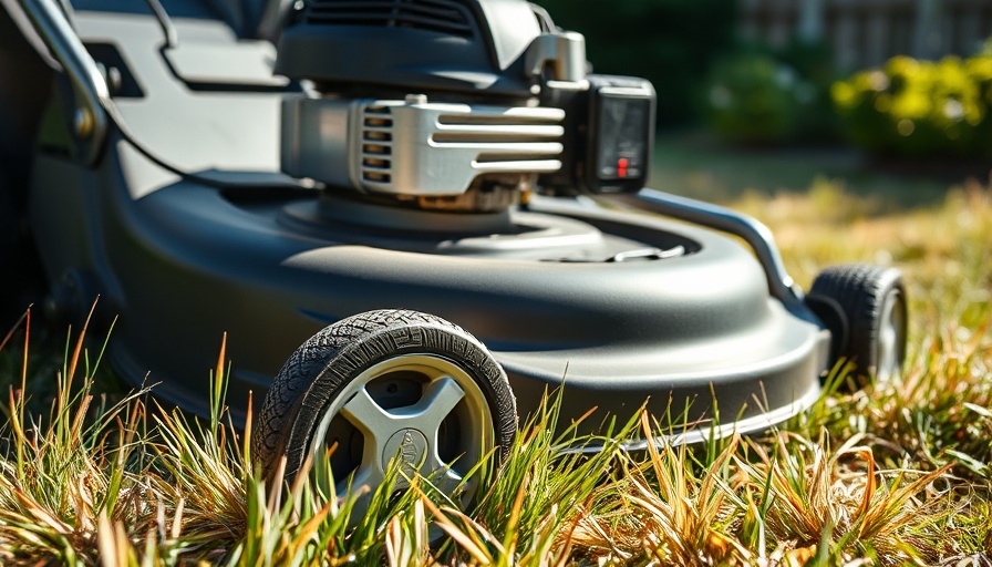 Close-up of lawn mower engine on dry grass under sunlight.