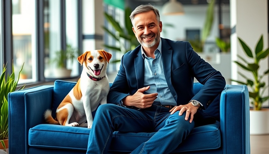 Mature man and happy dog on a couch, modern setting