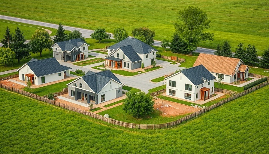 Modern homes in development area with green surroundings