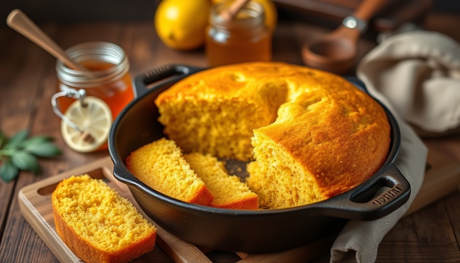Grilled cornbread in a skillet with honey jar; perfect Grilled Cornbread Recipe.
