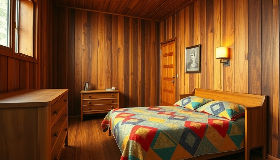 Authentic Midcentury Modern Bedroom Design with wooden paneling and patterned bedspread.