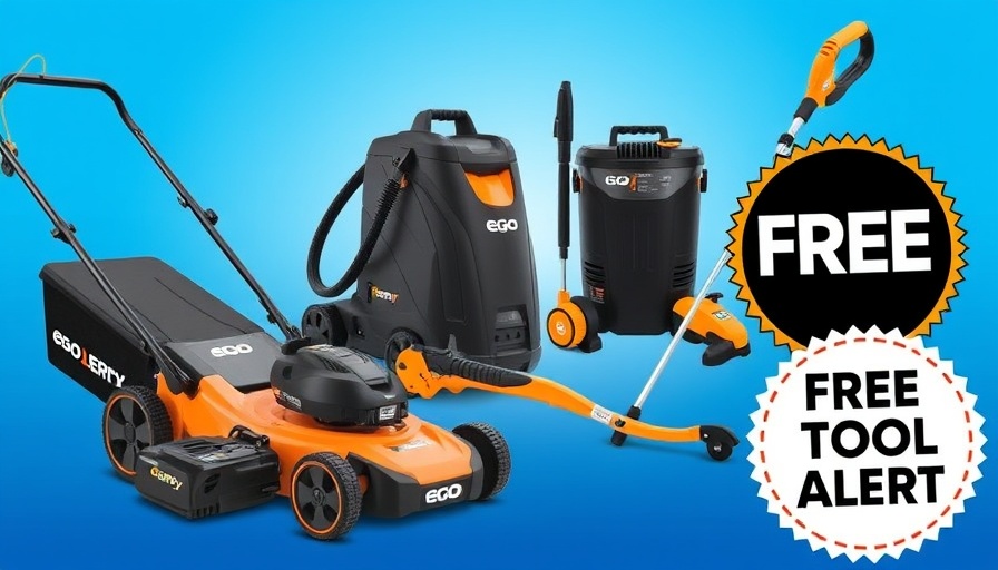 Promotional image of Ego tools and free battery alert at Ace Hardware.