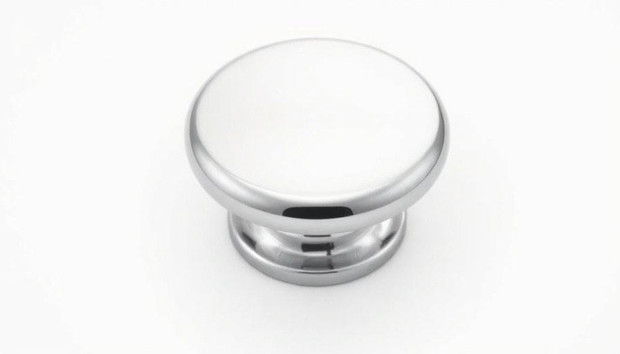 Modern cabinet knob with polished chrome finish on white background.
