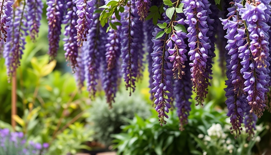 Purple wisteria, fast-growing vines in a vibrant garden setting.