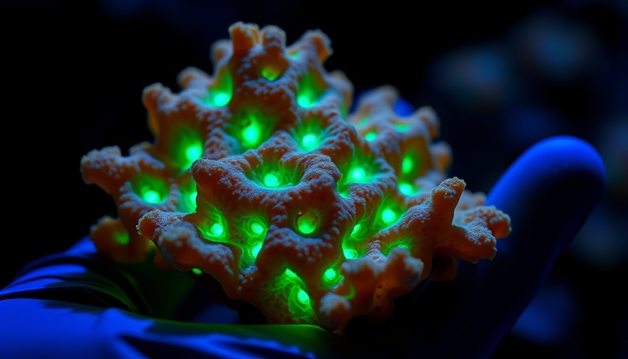 Glowing coral fragment in sustainable coral farming setup.