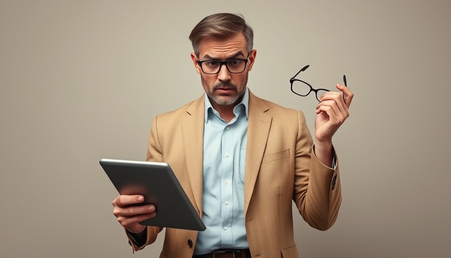 Worried man holding tablet, market volatility impact expression.