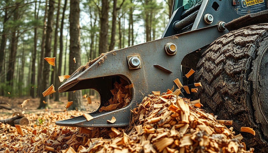 Land-clearing attachment cutting through tree with flying wood chips.
