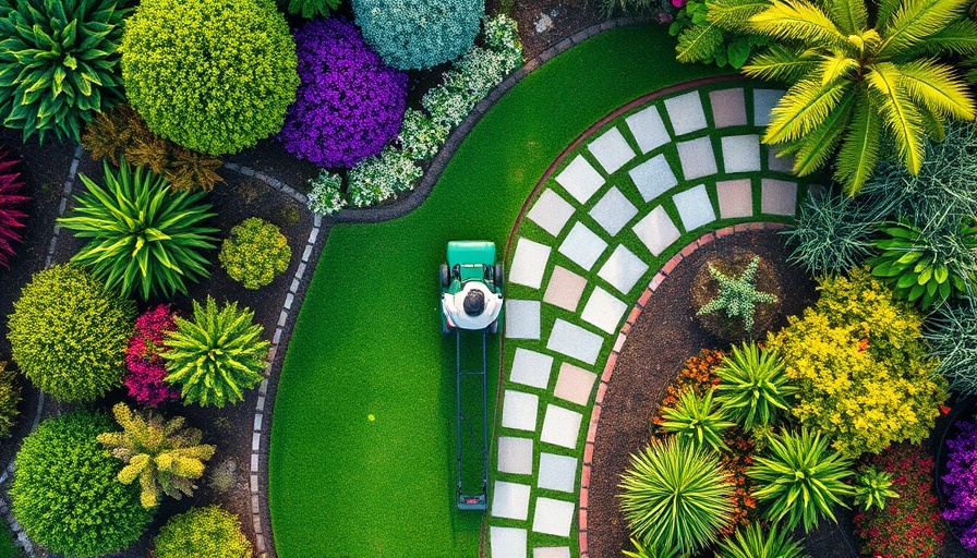Aerial view of a person gardening for beginners, mowing a lush garden.