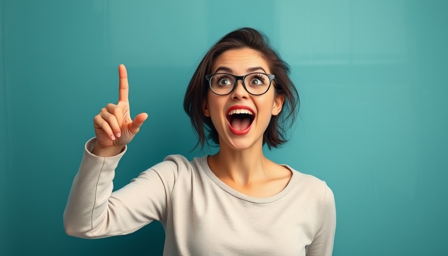 Excited woman pointing upwards, surprised expression, teal background.