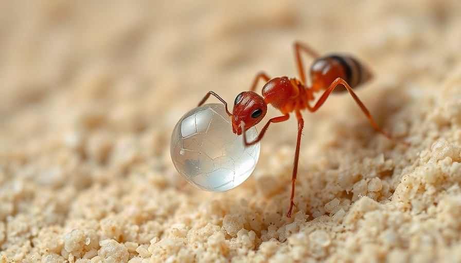 Macro shot of a sugar ant carrying a sugar crystal on sandy backdrop.