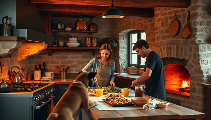 French at Heart Cookbook: Rustic kitchen with couple cooking, cozy ambiance.