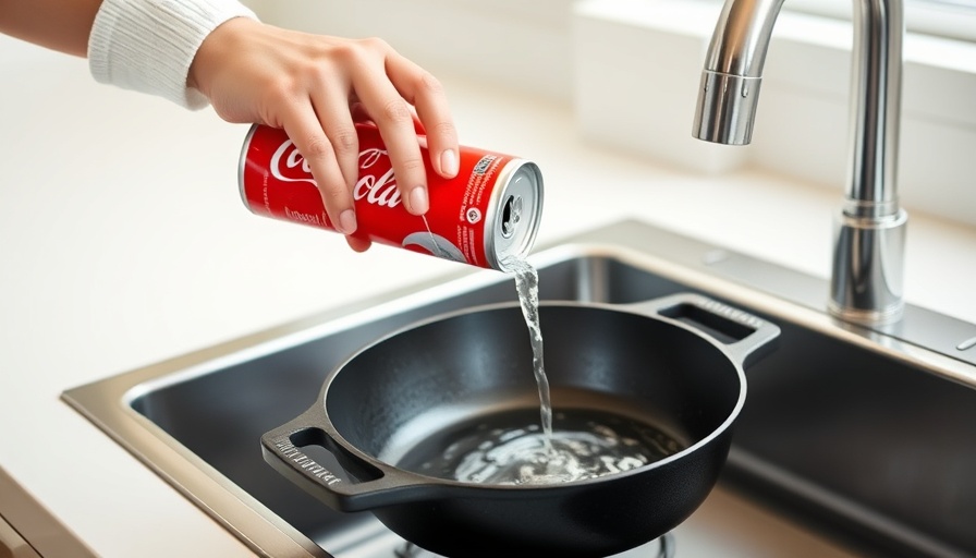 Coca-Cola can poured into a pan for home cleaning hack in kitchen.