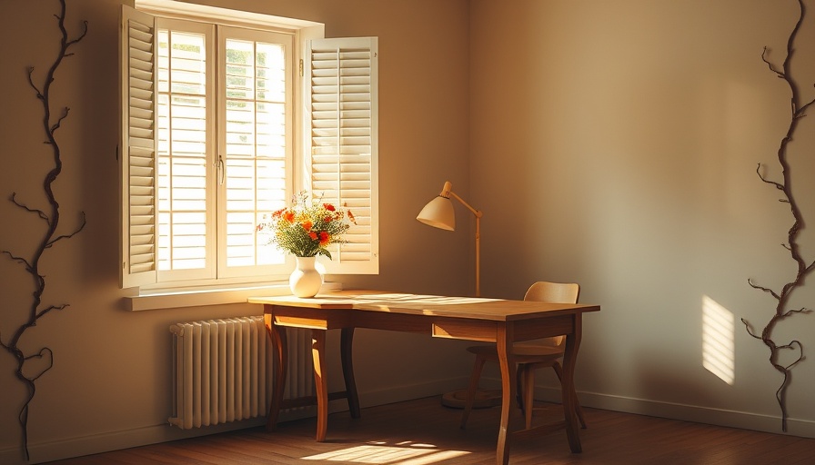 Serene room with wooden desk and flowers, highlighting slow design.