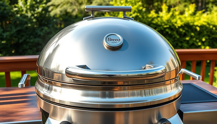 Shiny Breeo Grill Dome on deck in lush green backyard.