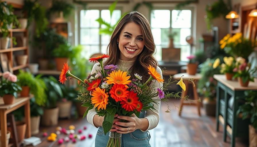 Floral Design Tips for Homeowners: Woman arranging vibrant flowers in a cozy workshop.