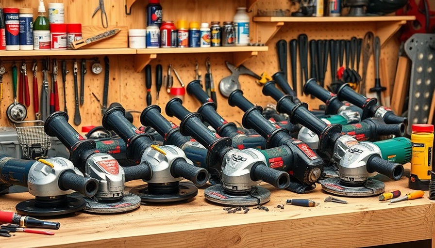 Multiple adjustable torque angle grinders on a workbench in a workshop.